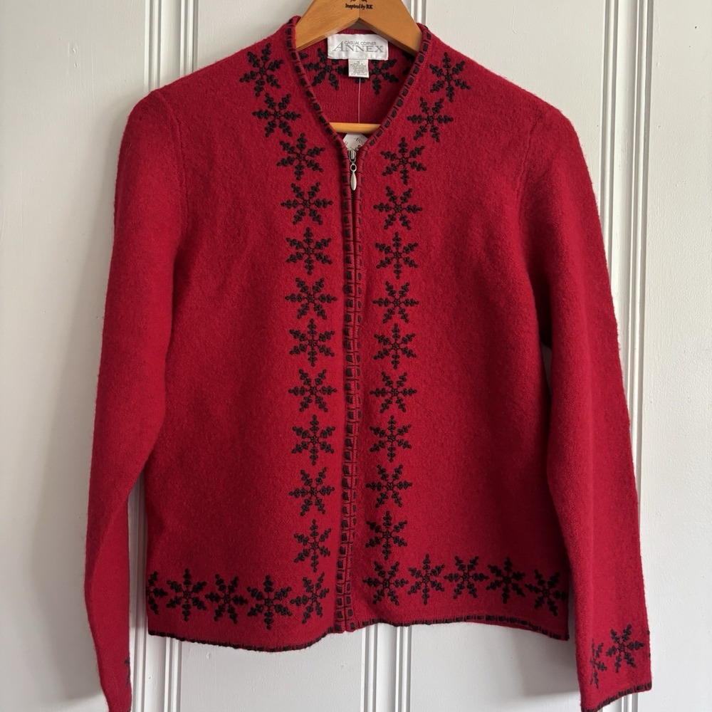 Vintage Women's  Full Zip Wool Sweater Jacket Medium Red Snowflake Christmas NWT